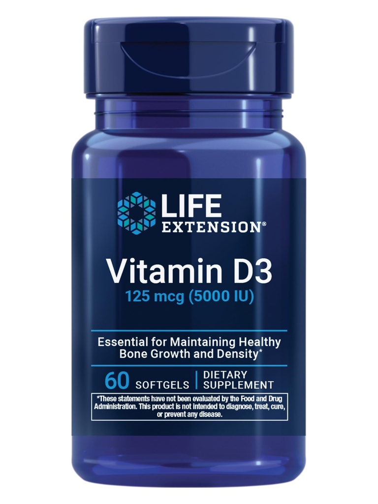 생활 연장 비타민 D3 125 mcg (5000 IU), 뼈 건강, 뇌 성과, 면역 체계 지원, 글루텐 자유로운, 비 GMO, 한 번 매일, 2 달 공급, 60 Softgels