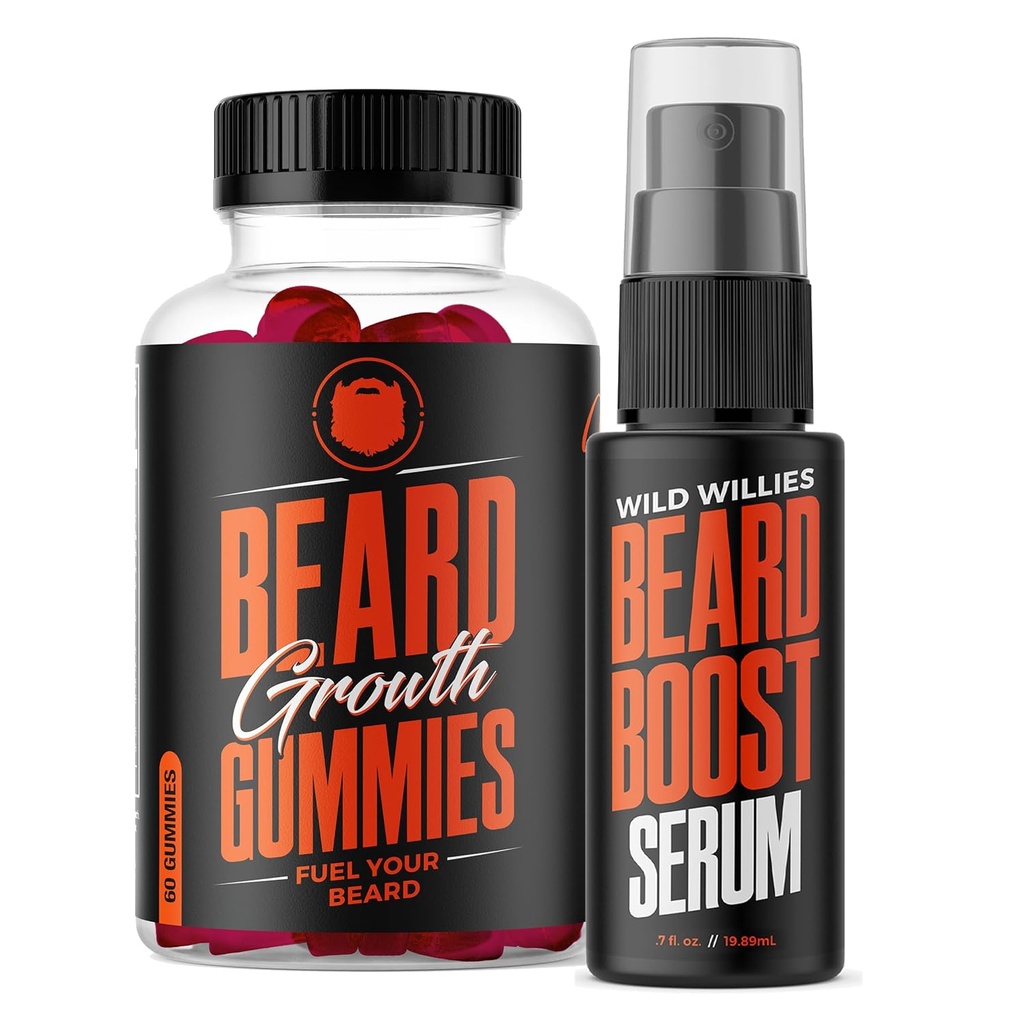Wild Willies Beard Growth Dual Threat : 남성을위한 Beard Growth Gummies 및 Serum Kit - Biotin, Caffeine & Essential Growth Oil for Fuller, 두꺼운 얼굴 헤어 - Beard Vitamin & Enhance Beard Growth