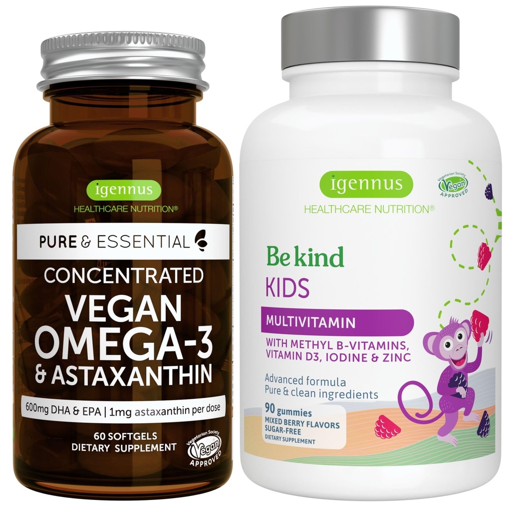 Vegan Omega-3 조류 기름 + 진보된 아이 Multivitamin 거미 뭉치, 높은 농도 DHA & EPA + 비타민 A, B, C, D3 & E의 청결한 성분 60 Softgels + Igennus에 의하여 90 베리 풍미 Gummies,