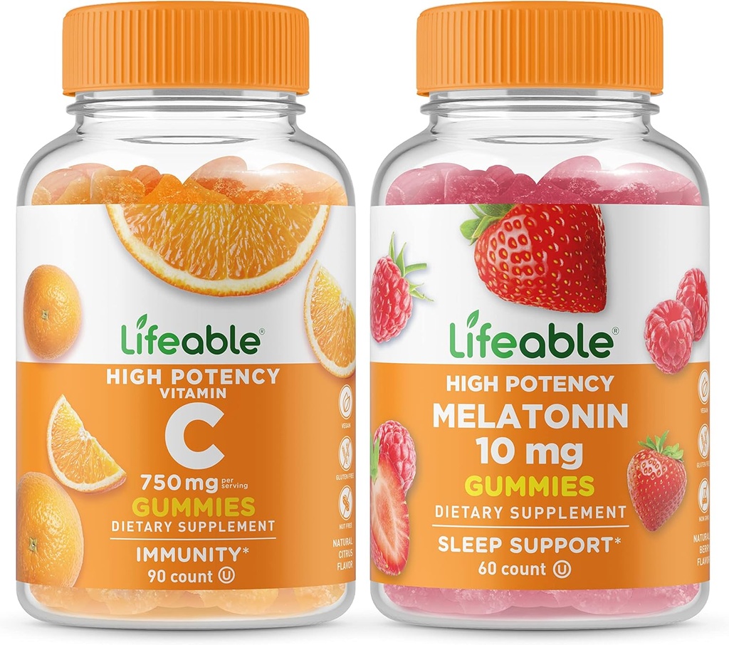 Lifeable 비타민 C 750mg + Melatonin 10mg, Gummies 번들 - 훌륭한 타스팅, 비타민 보충, 글루텐 무료, GMO 무료, Chewable Gummy