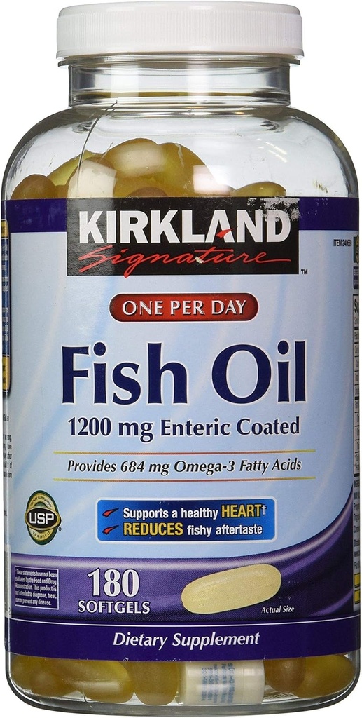 Kirkland Signature Enteric는 물고기 기름 Omega 3 1200 MG 물고기 기름, Omega 3 지방산, 180 softgels의 684 MG를 입혔습니다