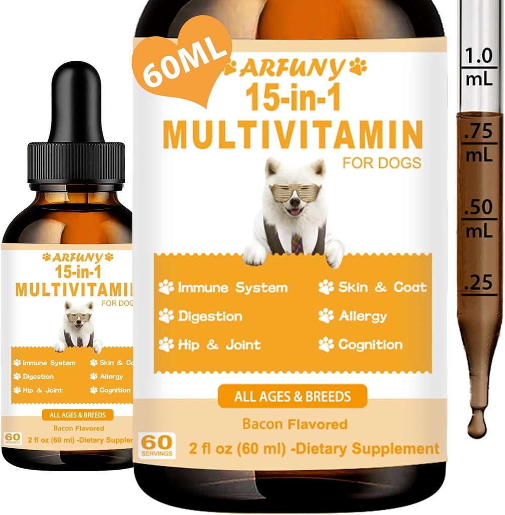 개를위한 1 Multivitamin에 15 - 개 Multivitamin 액체 지원 합동, Gut & 면역 건강 - Canine 소화, 심장, 피부 및 외투 건강 - 강아지를위한 비타민 보충제 - Bacon 풍미