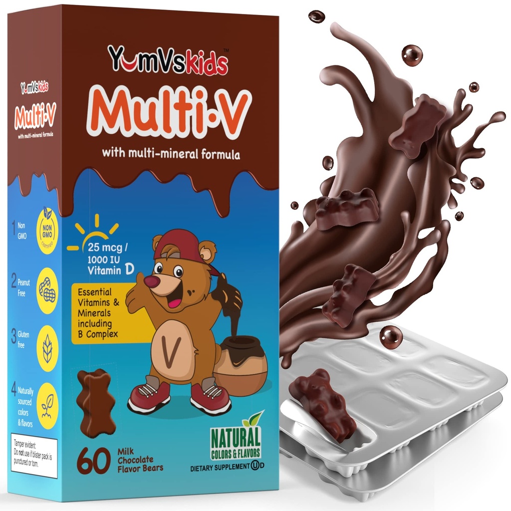 YUM-V'S - Kids Multivitamin Chewable Chocolate Bear - 어린이 보충을위한 Multivitamin - 16 비타민 및 미네랄 - D, 아연, C, B Complex 및 기타 60 카운트 팩을 포함한 비타민