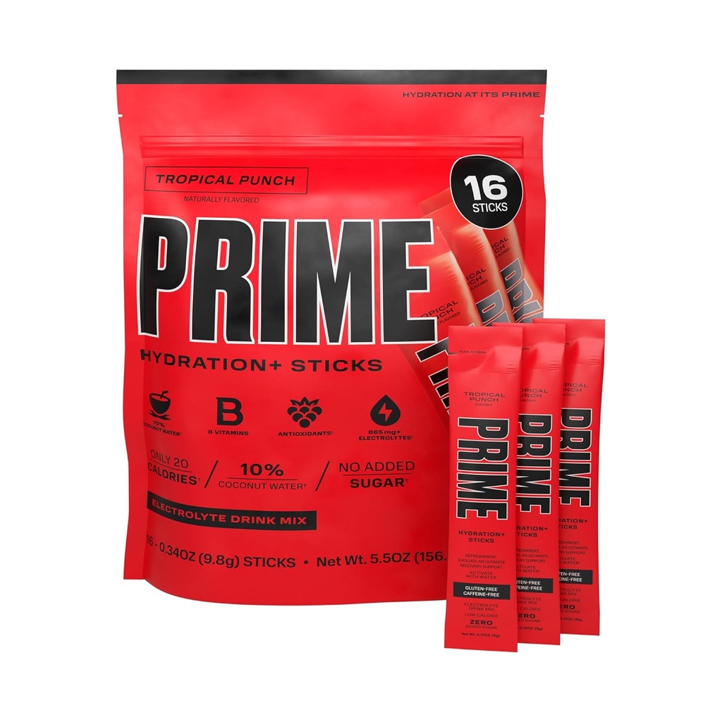 PRIME HYDRATION+ Sticks Tropical Punch|습식 파우더 싱글 세브 스틱|고에 전해질 분말 | 250mg BCAA, B 비타민, 산화 방지제 | 저 설탕 | Caffeine-Free | Vegan | 16 Stick