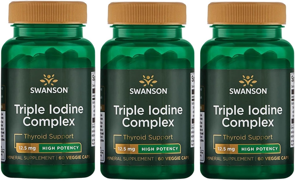 Swanson Triple Iodine Complex-Natural Supplement for Vital Thyroid Support-Promotes Metabolic Function, 증가 된 Red Blood Cell Production, & Heart Health-(60 Veggie 캡슐, 12.5mg 각) (3 팩)