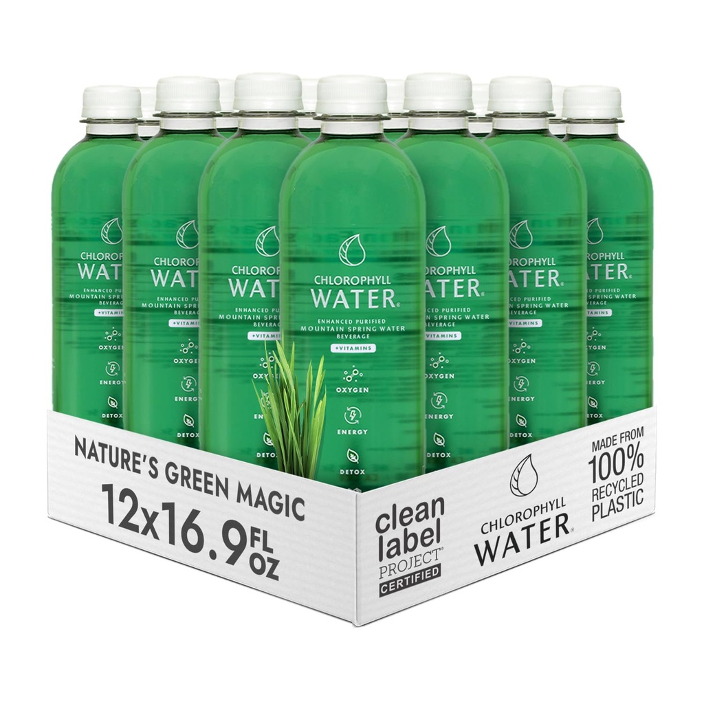 Chlorophyll Water – 액체 클로로필 12-Pack (16.9oz) | 비타민 A, B12, C, D | Detox Cleanse, 알칼리성 물, 에너지 부스트 | 비타민 물 | 식물 기반 | 깨끗한 라벨 프로젝트 | 히드라이즈 지원