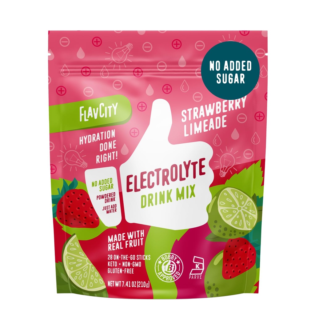 FlavCity Strawberry Limeade Electrolytes Powder Packets - 28 Hydration Packets - 추가 설탕 없음 - Real Fruit & Unrefined Sea Salt - Keto & Gluten-Free (28 스틱 팩)가있는 하이드로 션 파우더