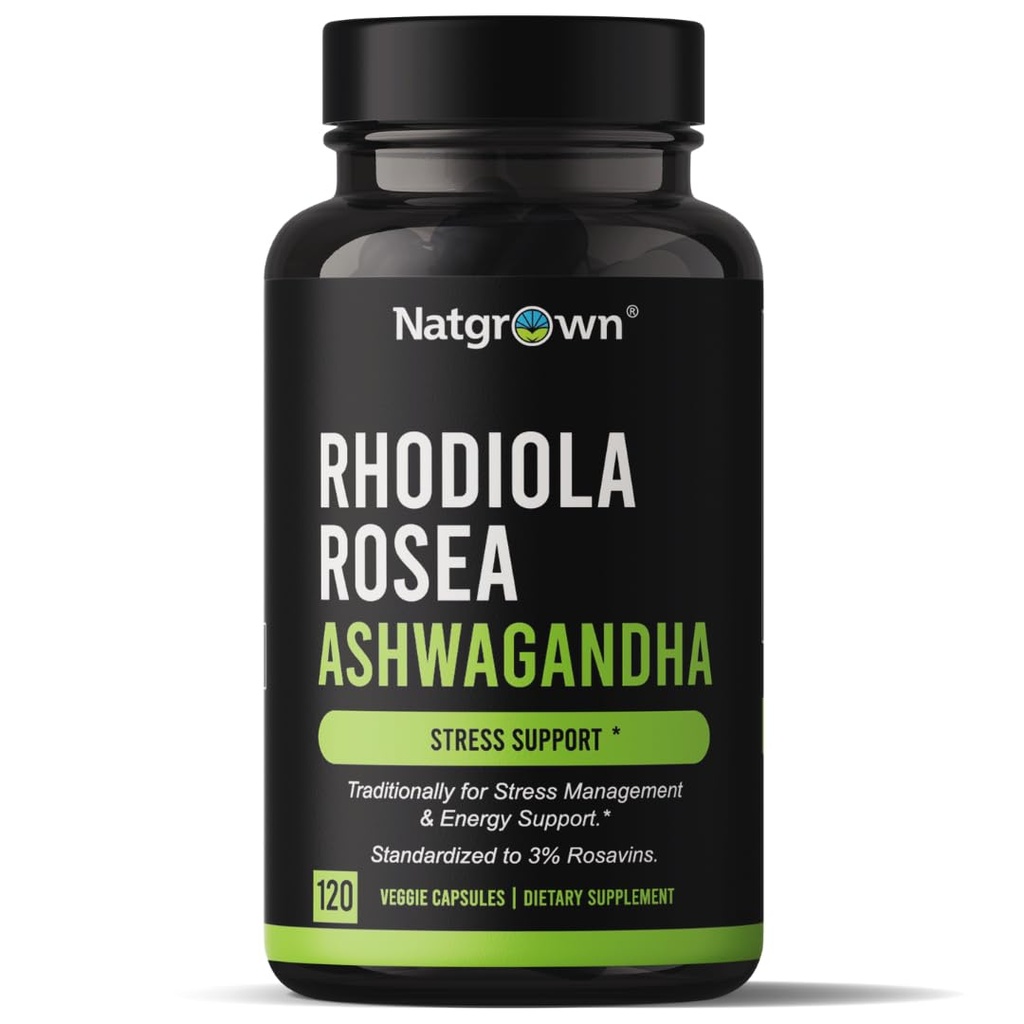 Ashwagandha 뿌리 추출물 캡슐을 가진 Natgrown Rhodiola Rosea - 3% Rosavins 및 1% Salidroside에 표준화하는 - 120 조사