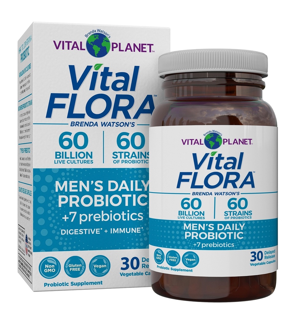 Vital Planet - Vital Flora Men’s Daily Probiotic, 60 Billion CFU, 60 Diverse Strains, 7 Organic Prebiotics, Immune Support, Gas Relief, Colon 및 Digestive Health Probiotics for Men 30 캡슐