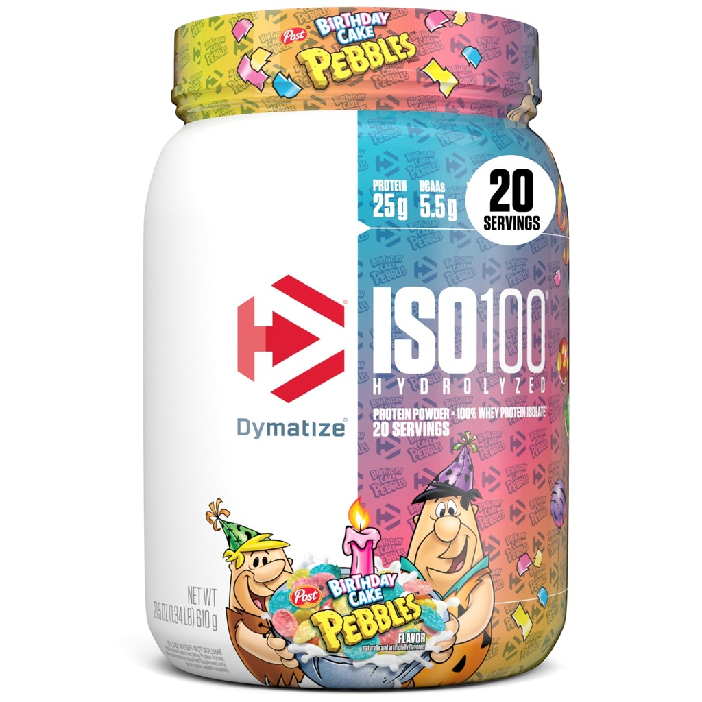 Dymatize x 생일 케이크 Pebbles ISO100 Whey Protein Powder Isolate, 단백질 25g, 5.5g BCAAs, 120 Cal., 글루텐 무료, 1g 지방, 1g 설탕, 2g Carb (20 서빙)