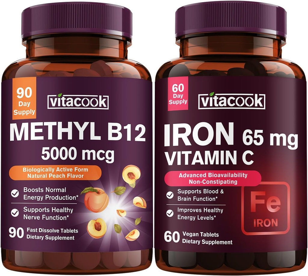 철과 비타민 B12 뭉치, 5000 mcg B12, 영 설탕, 비타민 C를 가진 탄산염 철, Stomach에 Gentle