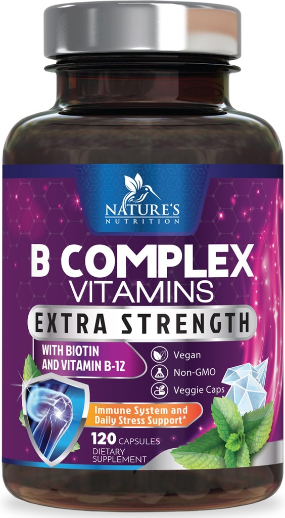 B Complex Vitamins 캡슐 - 비타민 B12 B6 B100 C Biotin Folate & Folic Acid - 심장, 뇌 및 신경 지원을위한 보충 - 면역 및 에너지 지원을위한 슈퍼 완전한 B-Complex - 120 캡슐