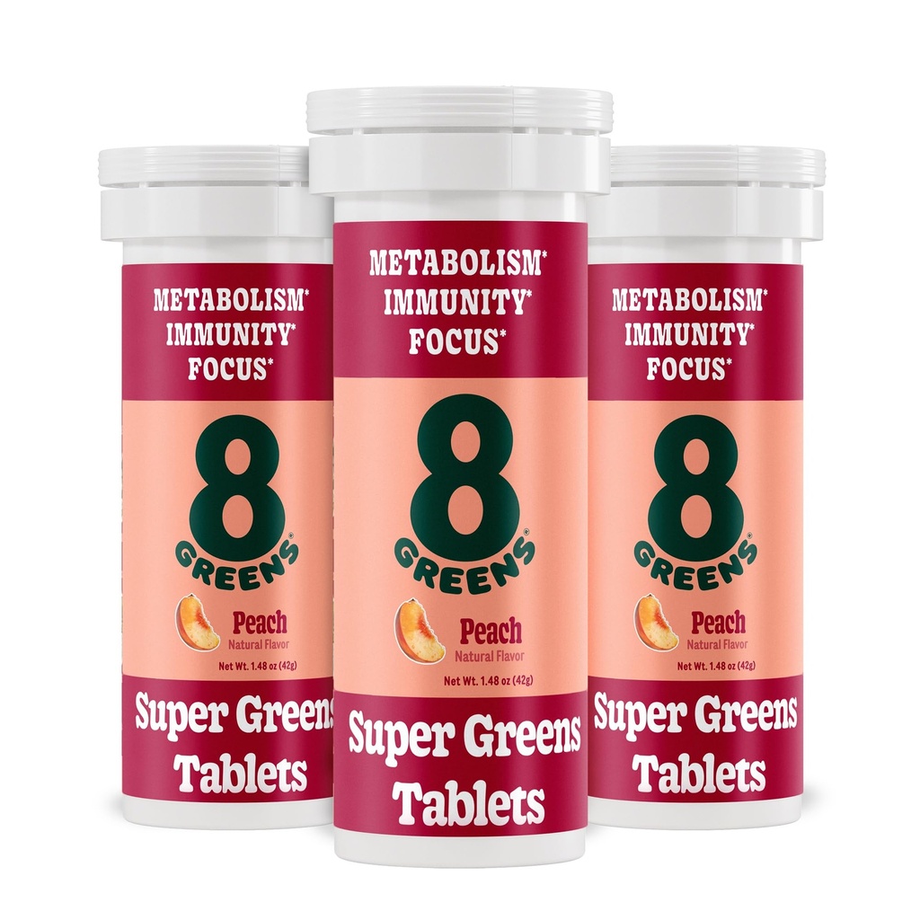8Greens Supergreens 태블릿 | 슈퍼 그린 파우더 슈퍼 푸드 태블릿, 메타볼리즘 Immunity & Focus, 일일 그린 Effervescent Tablets, Organic: Aloe Vera, Spirulina, Chlorella, Peach, 30 서빙
