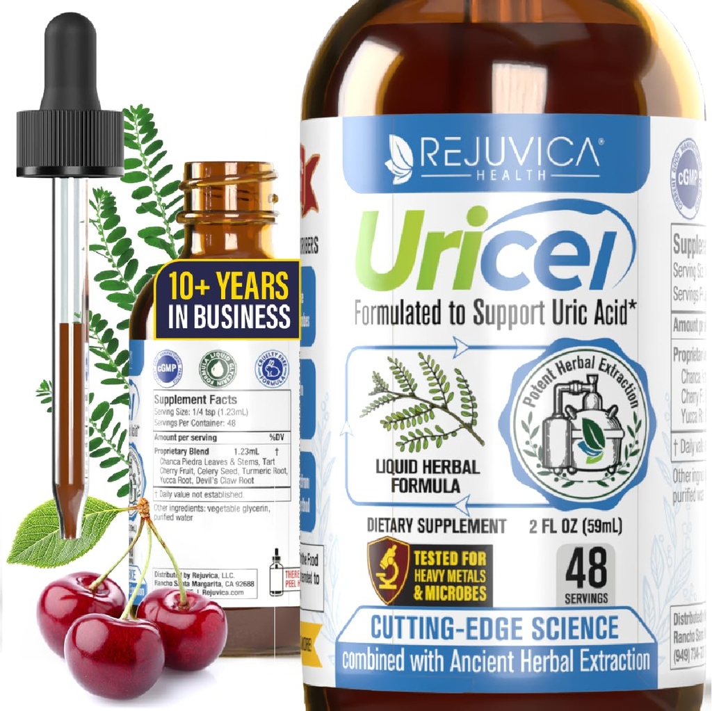 Uricel-Advanced Uric Acid Support & Cleanse Supplement - 합동 & Kidney Support - 더 나은 흡수를위한 액체 배달 - Tart Cherry, Chanca Piedra, Celery Seed & Turmeric - 2 fl oz