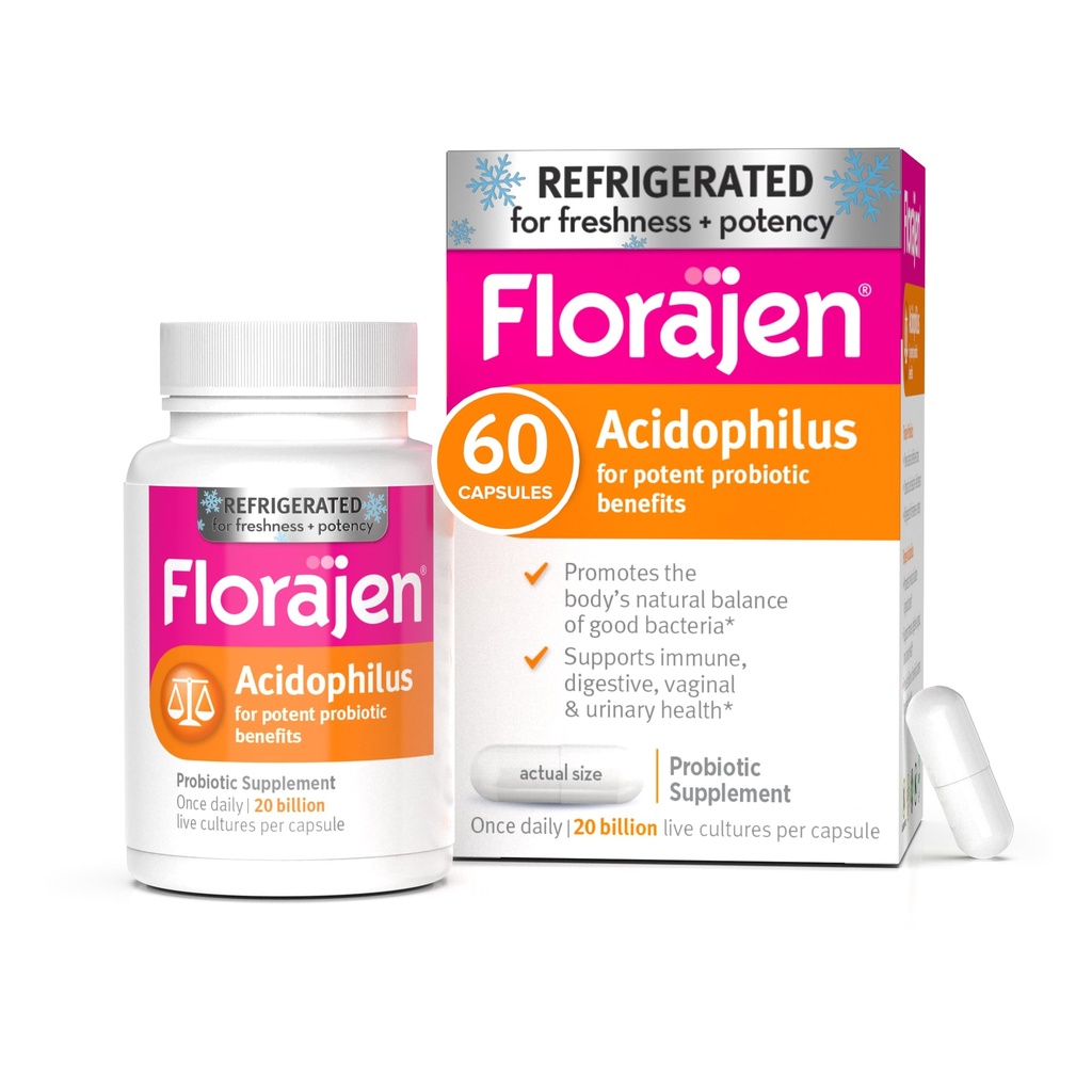 Florajen Acidophilus 높은 효능 냉장 지원 전반적인 건강, 유력한 Probiotic 혜택을위한 20 억 CFUs, Unflavored, 60 개