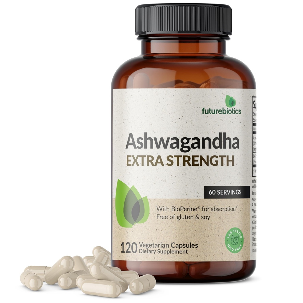 Futurebiotics Ashwagandha Extra Strength Stress & Mood Support with BioPerine - 비 GMO 공식, 120 채식 캡슐