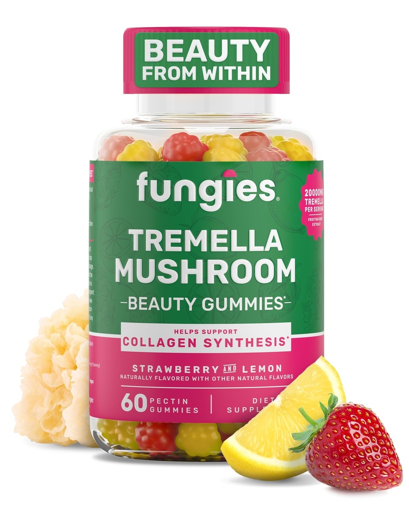Fungies Tremella 버섯 Gummies, 혼합 딸기 & 레몬 맛 - 성인 지원을위한 버섯 초본 보충 거미 Collagen Synthesis, 건강한 피부 및 건강한 노화 - 아름다움 Gummies 60 서빙
