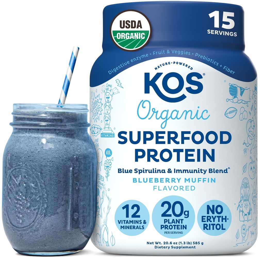 KOS 공장 기반 단백질 분말, 블루 베리 머핀 - Spirulina 및 Immune 지원 혼합 유기 완두 단백질 Superfood. 콩, 글루텐, 낙농 무료 - 여성 및 남성을위한 Vegan 식사 교체 - 15 서빙