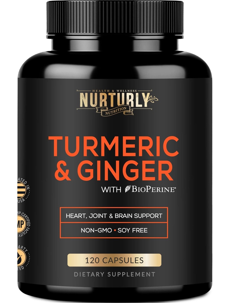 BioPerine & Ginger, Black Pepper 및 95 % Curcuminoids가있는 Turmeric Curcumin - 심장 건강을위한 높은 흡수 심황 보충제 - 비 GMO, 글루텐 무료 - 120 캡슐