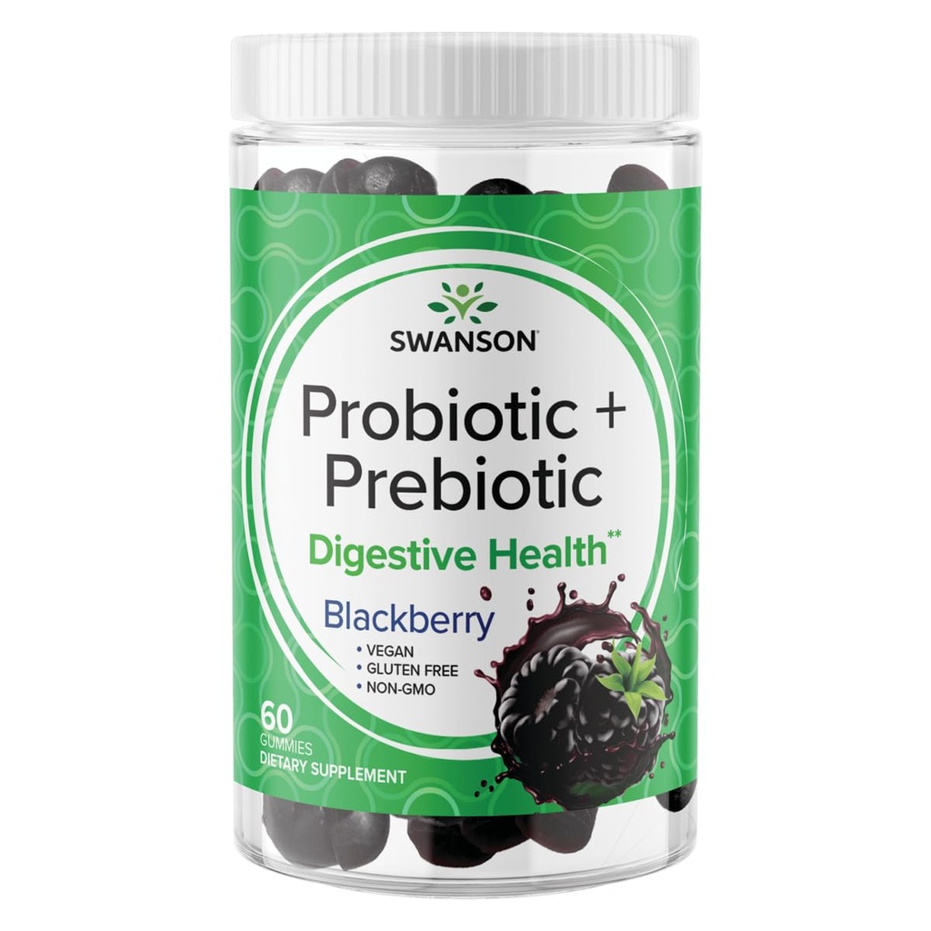 Swanson Probiotic + Prebiotic Gummies - Digestive Function & Bowel Regularity를 촉진하는 소화 지원 보충 - 면역 건강을 지원하는 데 도움이됩니다 - (BlackBerry, 60 Gummies)