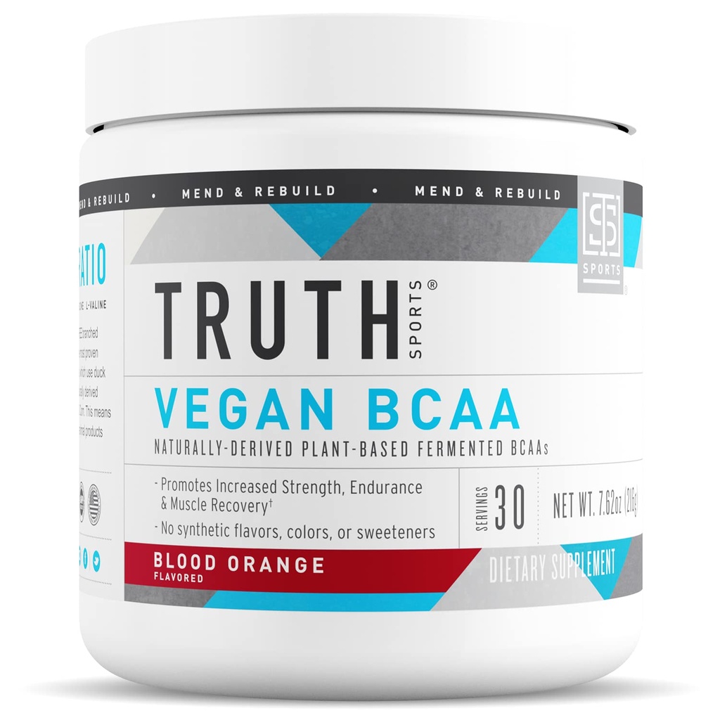 Truth Nutrition Vegan BCAA Powder - 2 : 1 비율 에너지, 근육 건물, 근육 회복을위한 자연적인 BCAAs 아미노산 분말 (Blood Orange, 30 서빙)