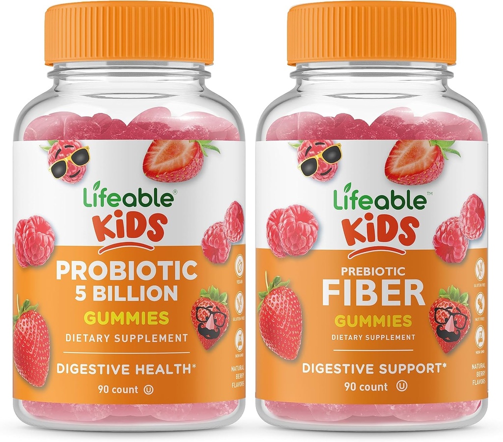 Lifeable Probiotics 5 억 어린이 + 프리 바이오 틱 섬유 어린이, Gummies 번들 - 훌륭한 타스팅, 비타민 보충, 글루텐 무료, GMO 무료, Chewable Gummy
