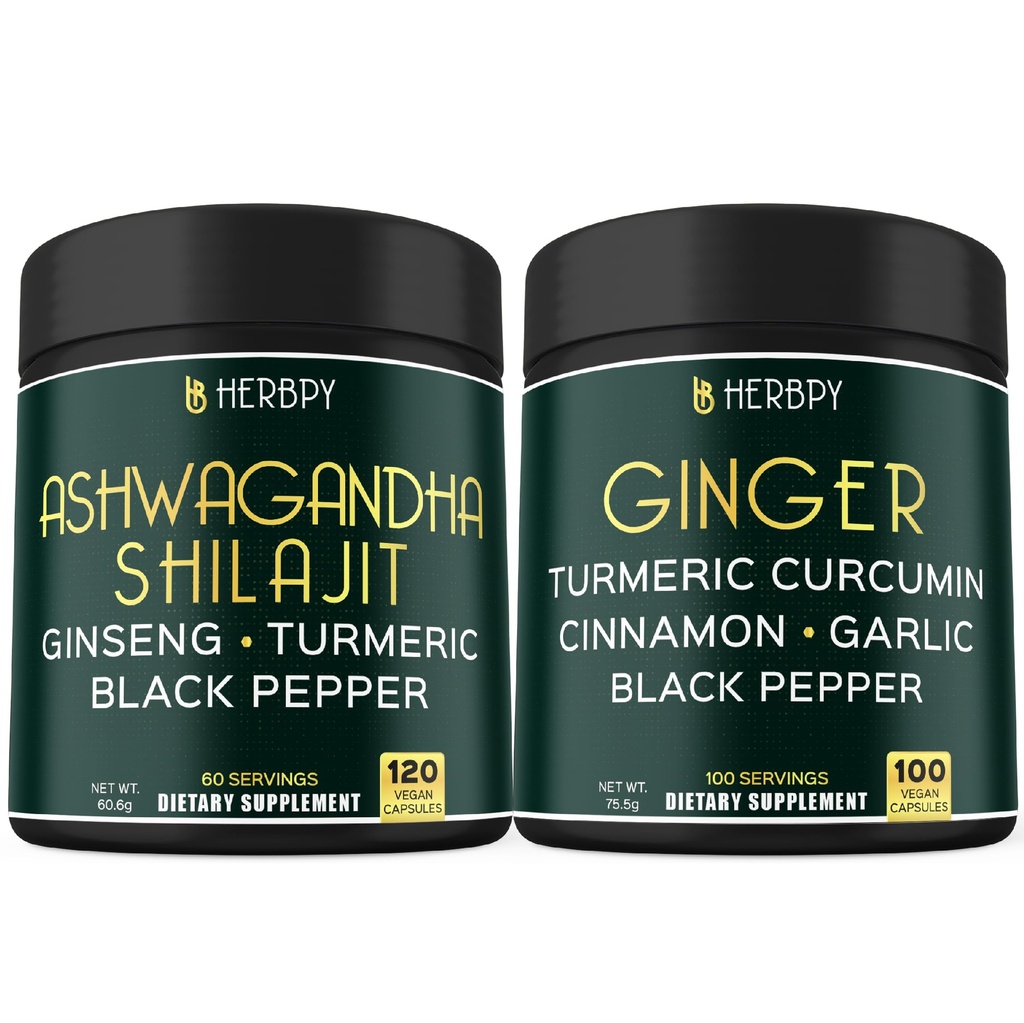 번들 5in1 Ashwagandha Shilajit & 5in1 Ginger 보충 - 지원 심장, 소화 건강 및 면역