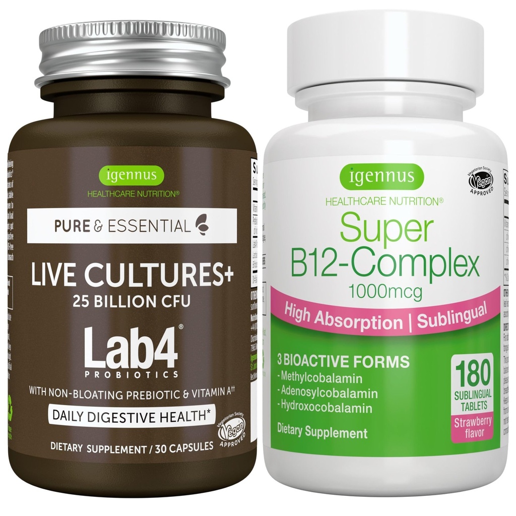라이브 문화+ Lab4 Probiotics + Super B12-Complex, Vegan 번들, 25 억 CFU Lactobacillus Acidophilus 및 Bifidobacterium + Igennus의 높은 흡수 하위 언어 B12,