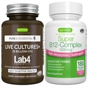 라이브 문화+ Lab4 Probiotics + Super B12-Complex, Vegan 번들, 25 억 CFU Lactobacillus Acidophilus 및 Bifidobacterium + Igennus의 높은 흡수 하위 언어 B12,