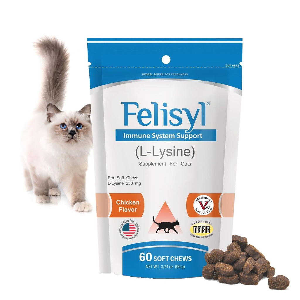 고양이 용 Felisyl 면역 체계 지원 - 아미노산 L 리진 - 생성 항체 - 건강한 조직, 호흡 건강, 시각 - 60 연약한 가슴