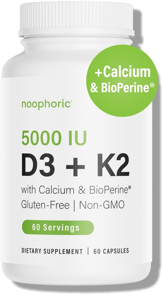 Noophoric D3 K2 비타민 5000 IU - 비타민 K2 100 mcg MK7, 칼슘, BioPerine - 뼈 건강 & 면역 지원 보충교재 - 글루텐 자유로운, 비 GMO - 비타민 D3 K2 보충교재 (60의 서빙)