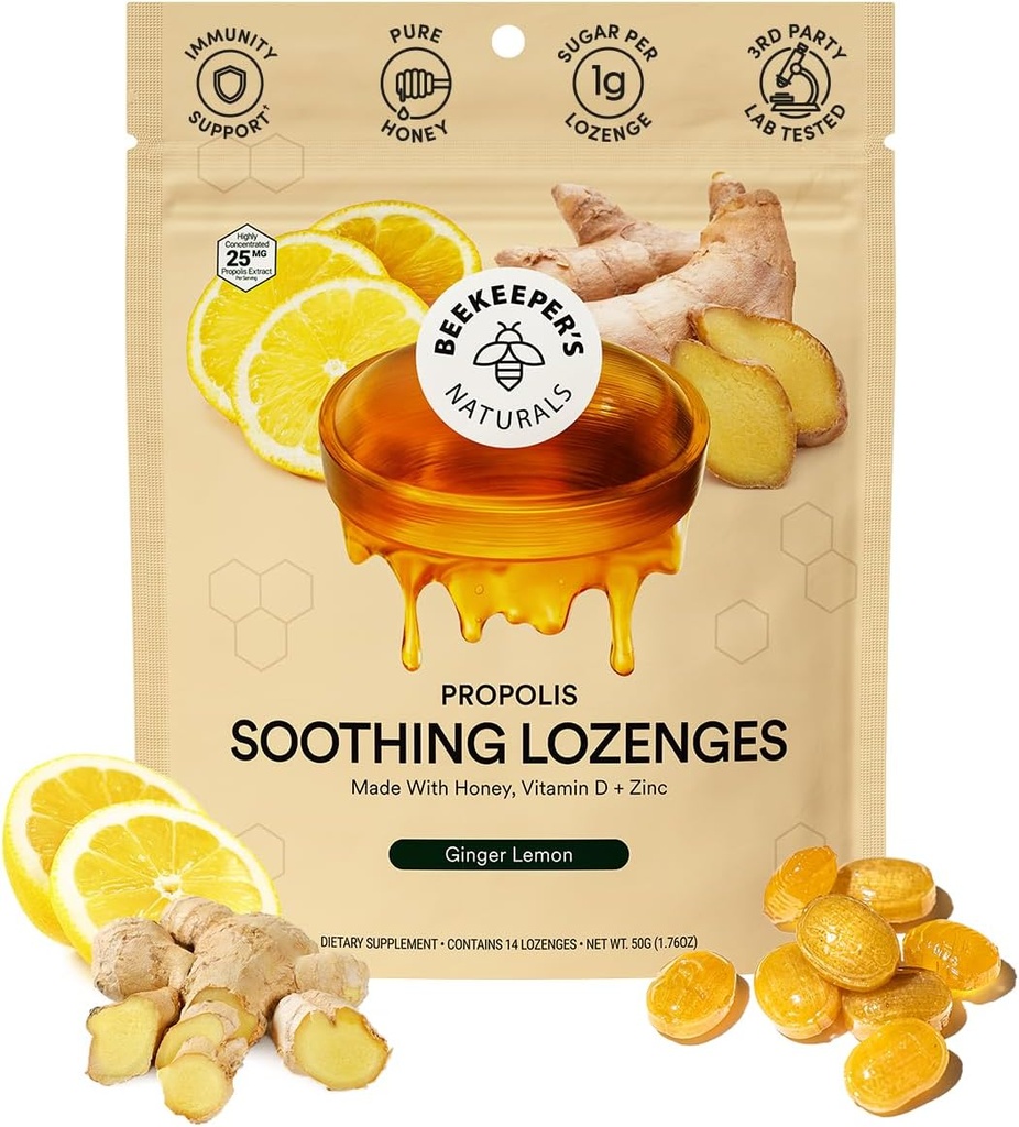 Beekeeper's Naturals Soothing Honey Ginger Lemon Cough Drops - 비타민 D, 아연 및 Propolis Throat Soothing Lozenges, 14 Ct와 면역 지원