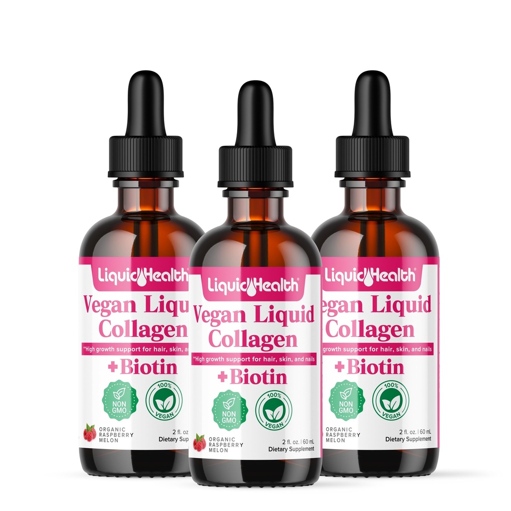 LIQUIDHEALTH 100 % Vegan Collagen Plus Biotin 100,000mcg 액체 드롭 - 여성 및 남성을위한 식물 기반 액체 콜라겐 - 헤어 및 네일 성장, 피부 건강, 부스트 Metabolism - 미국, 비 GMO (3 팩)
