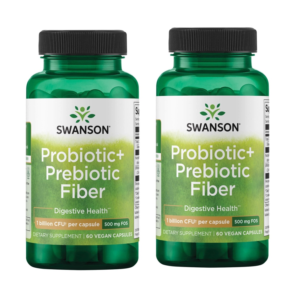 Swanson Prebiotic + Probiotic Fiber - 소화 시스템 및 면역 건강 지원 촉진 - 보조 일반 및 GI Tract Health - (60 캡슐, 500 백만 CFU) (2 팩)