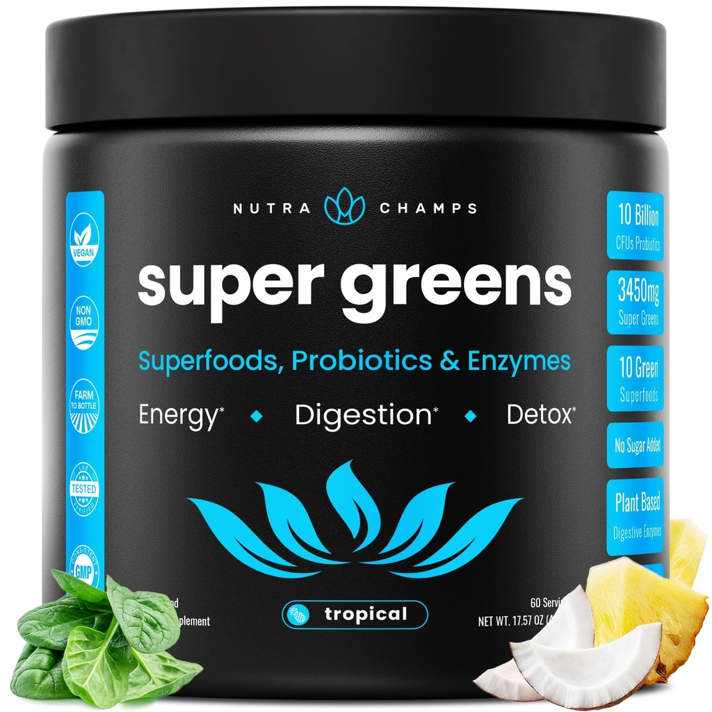 NutraChamps Super Greens Powder Premium Superfood | 20+ Organic Green Veggie Whole Food | 밀 잔디, Spirulina, Chlorella | 산화 방지제, 소화 효소 및 프로바이오틱 혼합 (9.1 OZ, Tropical)