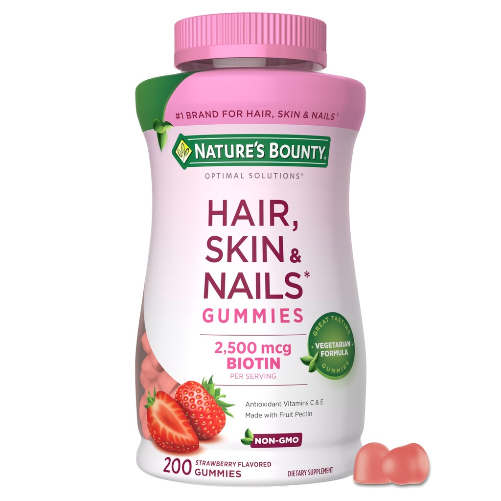 Nature's Bounty Optimal Solutions Hair, Skin 및 Nails Pectin Gummies, 2500 mcg Biotin Per 서빙, No Stick Gummy, Vegetarian Formula, Strawberry flavor, 200 카운트, 100 총 서빙