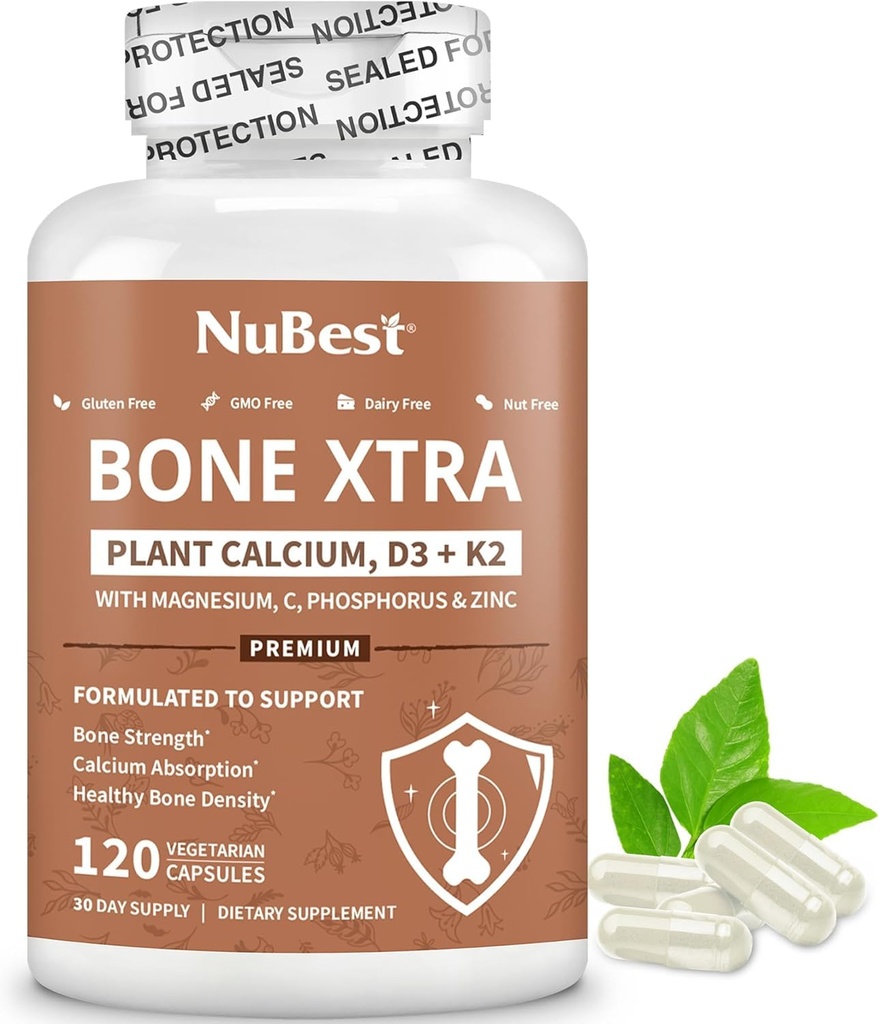 NuBest Bone Xtra - 식물 기반 뼈 강도, Strontium은 Strontium Citrate, 칼슘, 마그네슘 해양 조류, 인, 비타민 C, K2, D3 | 최대 칼슘 흡수 | 1 개월 공급