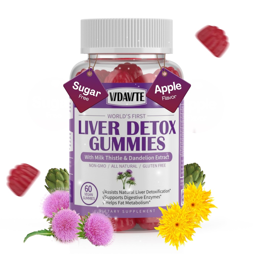 VIDAVITE Liver Cleanse Detox & Repair Gummies — Sugar-free, US-Made, 1500mg Milk Thistle Supplement with Artichoke, Dandelion and 20+ Herb — Liver Support Supplement for Men & Women(60 Vegan Gummies)