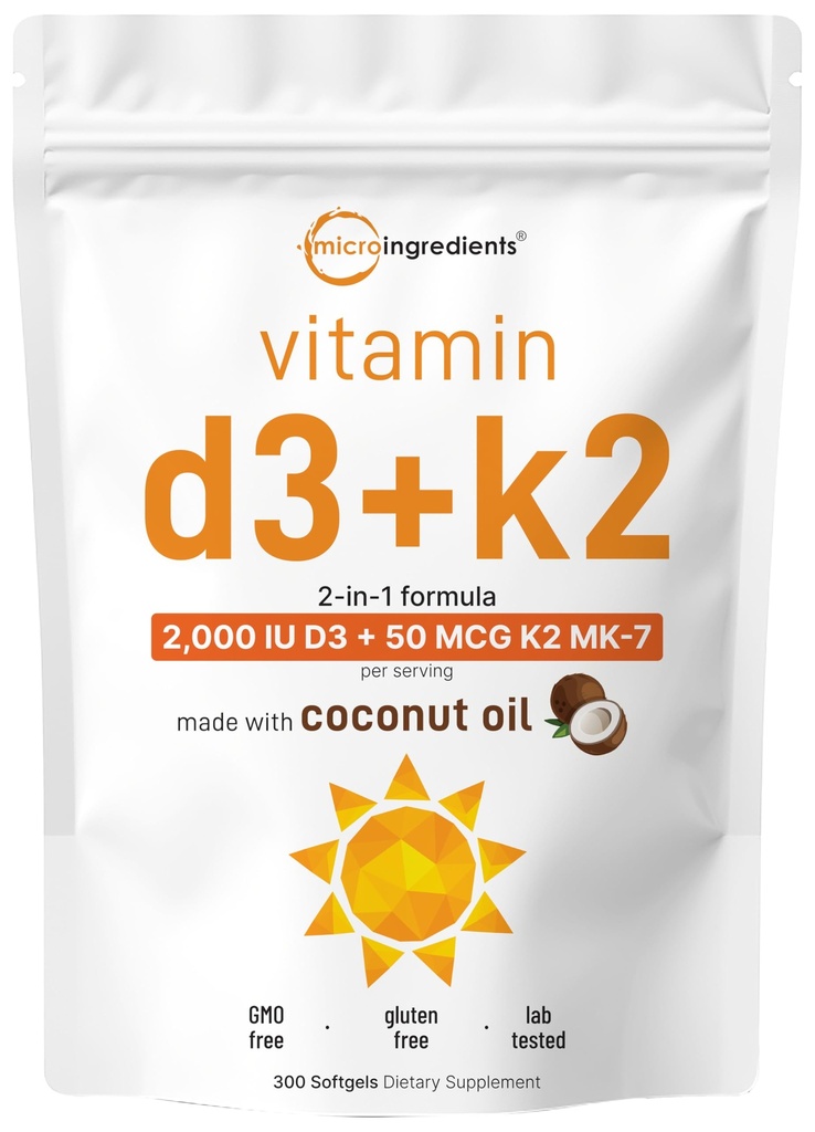 마이크로 성분 비타민 D3 2,000 IU + K2 MK-7 50 mcg, 300 Softgels | 버진 코코넛 오일 | 2-in-1 서포트 | 삼키기가 용이