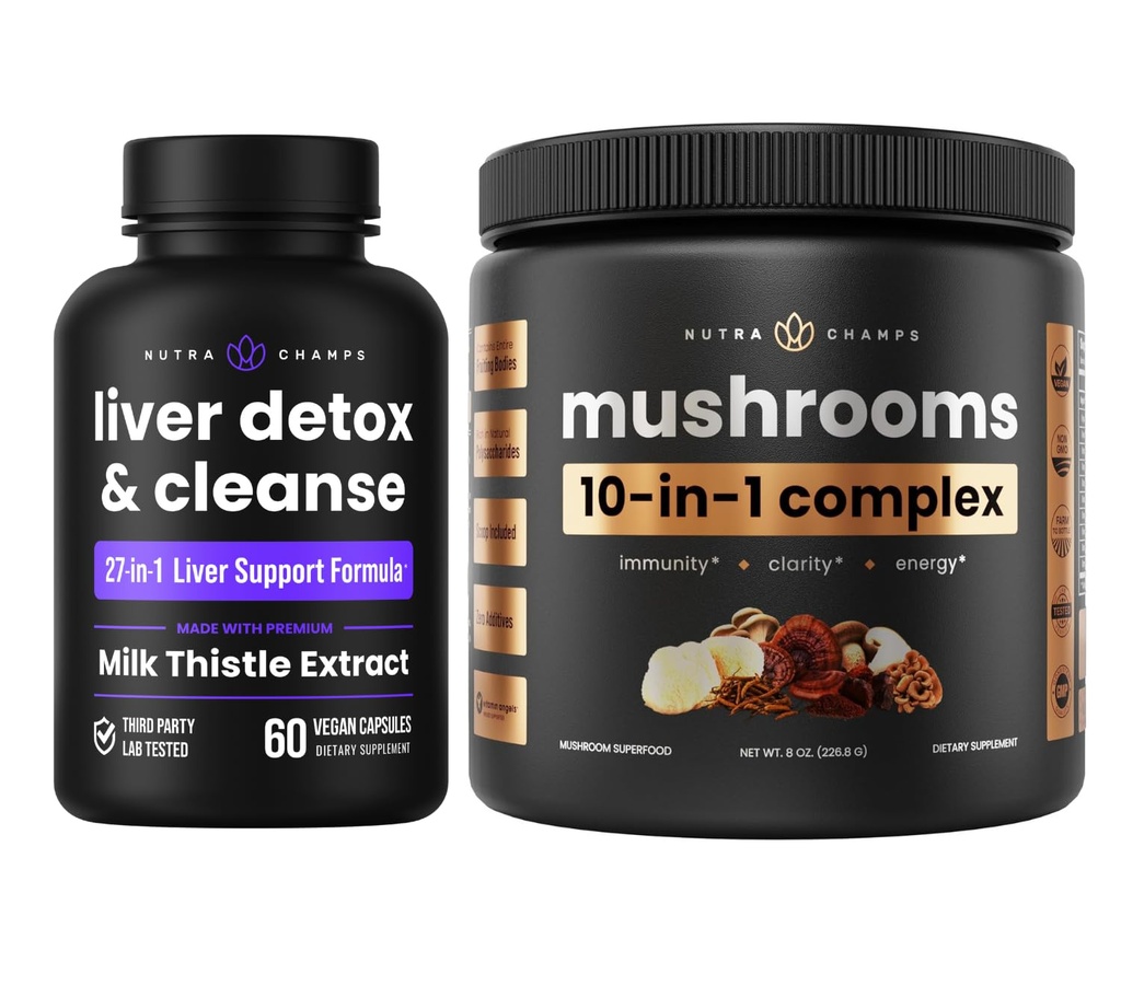 NutraChamps Liver Detox & 버섯 분말 - Cognition, Detox & Immunity 번들