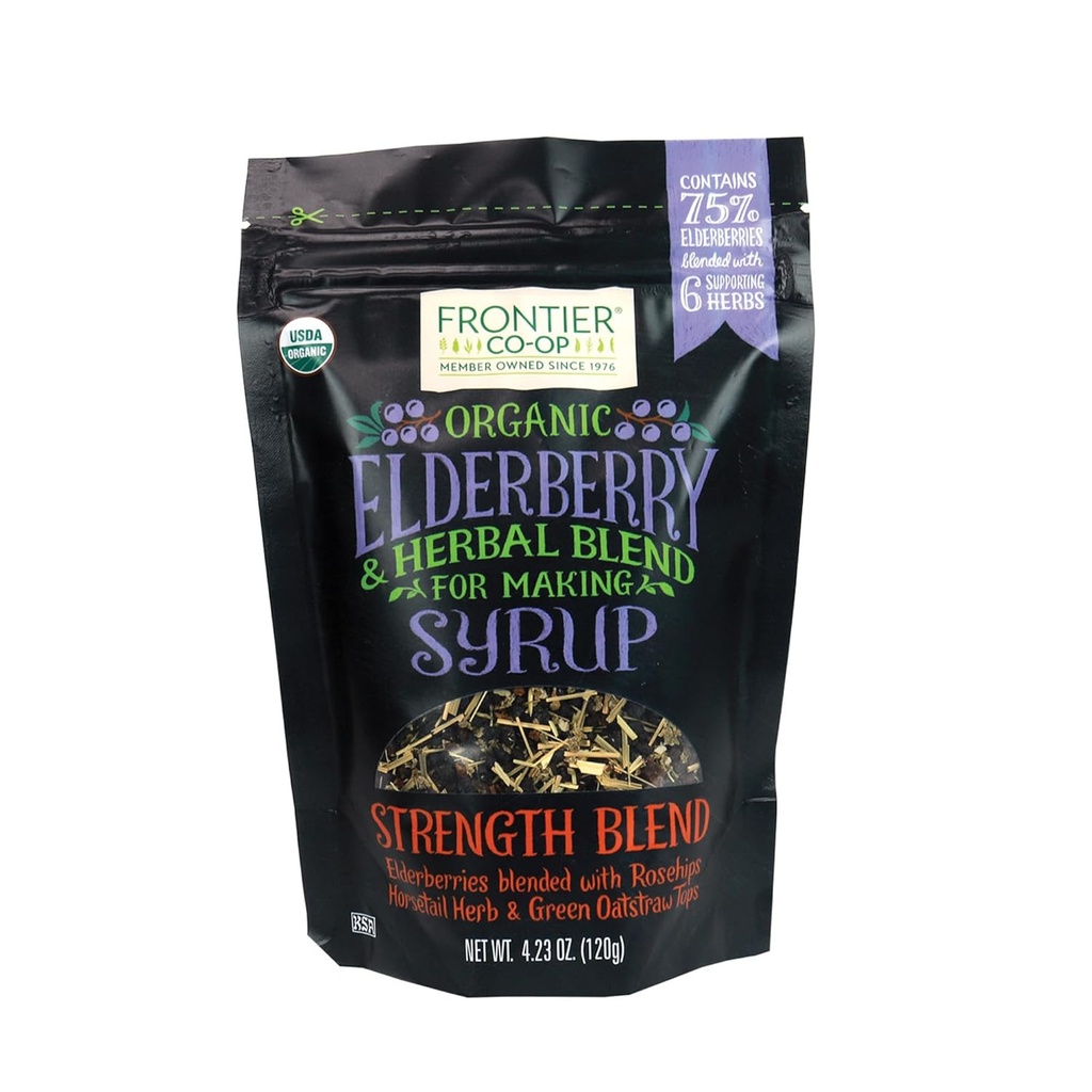 Frontier Co-op Organic Elderberry, 4.23 Ounce Bag | 시럽 준비를위한 엘더베리를 말린 | 고셔 | 차와 허브 블렌드에 완벽한