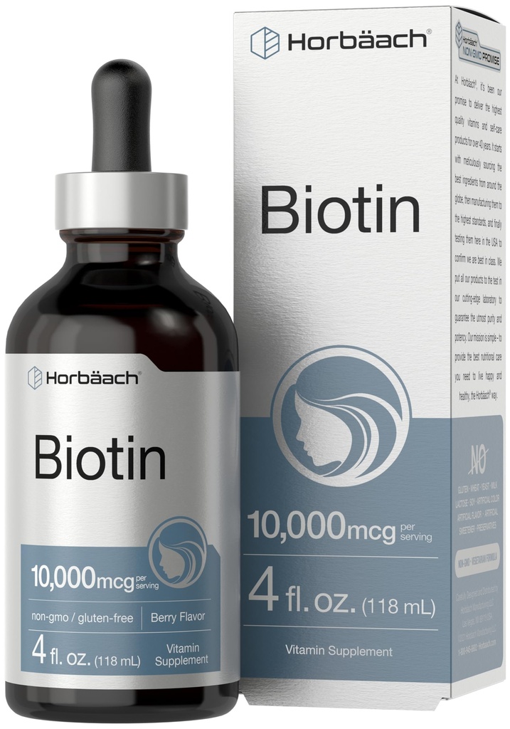 Horbäach Biotin Liquid Drops 10000mcg | 4 fl oz | 베리 맛 | 채식주의, 비 GMO 및 글루텐 무료 보충