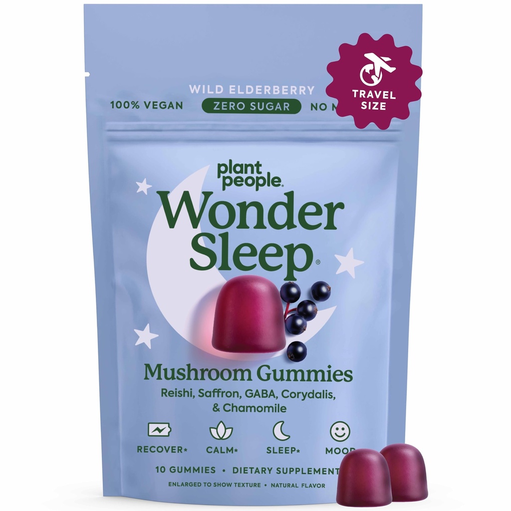 식물 사람들 WonderSleep 버섯 Gummies 보충 미니 Reishi Super Mushrooms, Saffron, Wild Elderberry 풍미 설탕 Vegan-Friendly & Gluten-Free 평가판 크기