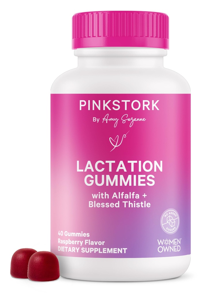 핑크 Stork Lactation 보충교재 Gummies - 우유 이틀, Alfalfa, 비타민 D 및 B12, Postpartum Recovery, Breastfeeding Essentials와 함께 Breast 우유 공급 지원 - 라즈베리, 40 카운트
