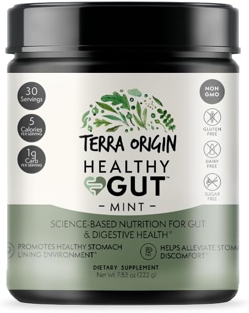 TERRA ORIGIN 건강한 Gut 민트 맛 | L 글루타민, 아연, 글루코사민, Slippery Elm Bark, Marshmallow 뿌리와 함께 30 조각!