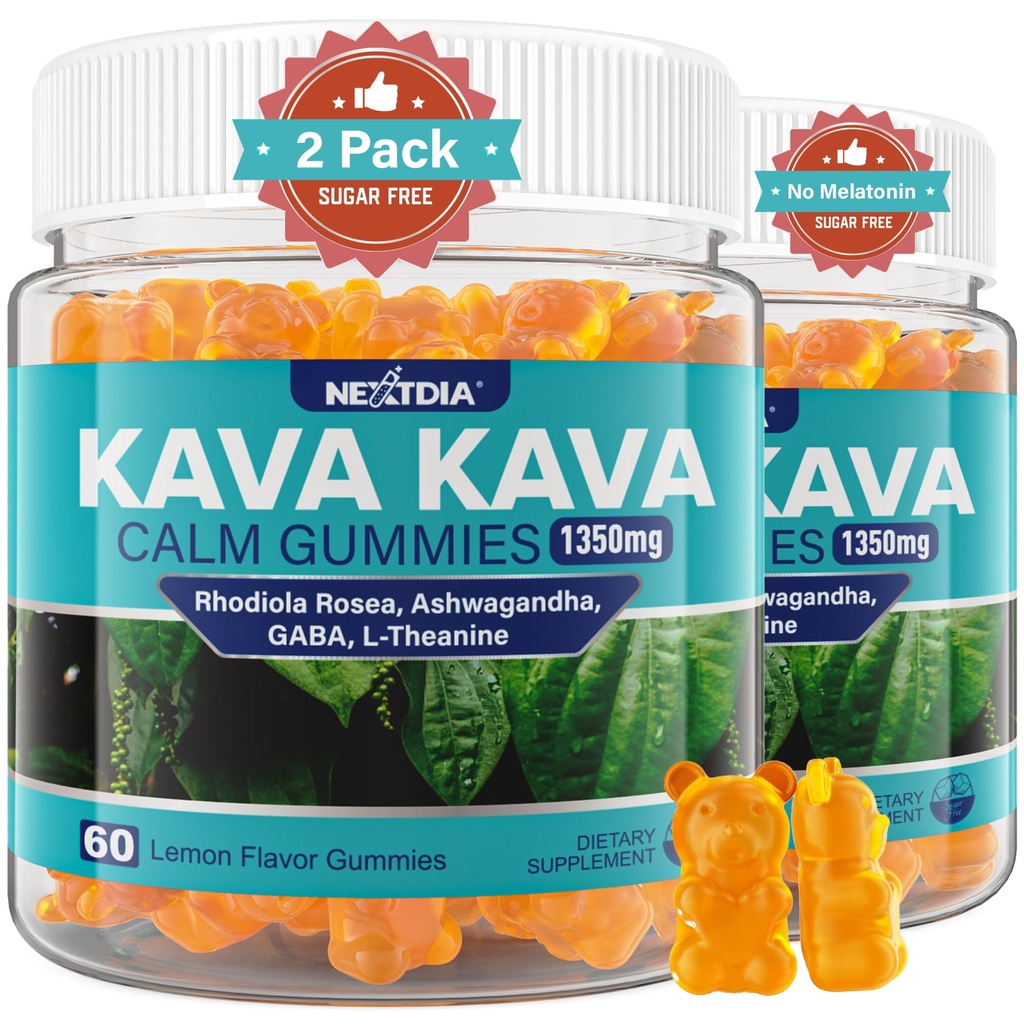 Kava Kava Gummies, 설탕 무료 Calm Gummies w/Rhodiola Rosea, Ashwagandha, L-Theanine, GABA, Melatonin-Free Kava 혼합 Relaxation, Calm 및 초점 - Kava 분말 캡슐에 대안, Vegan 120 Ct