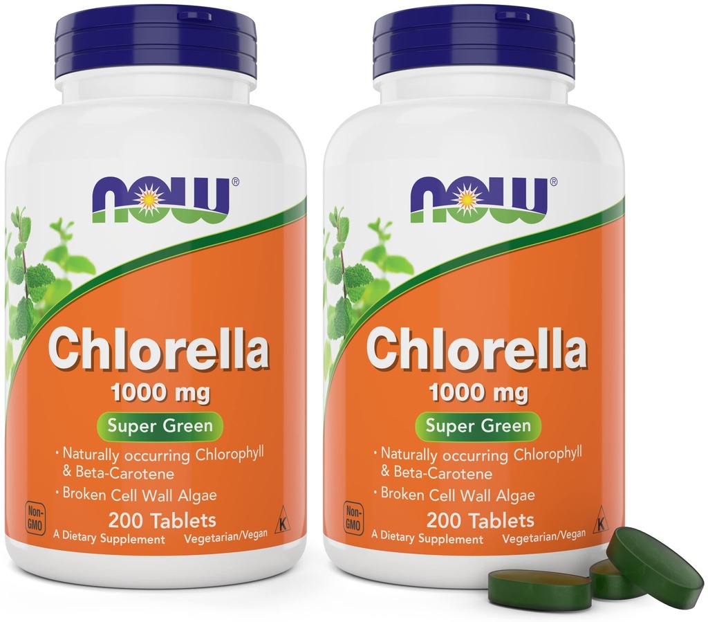 지금 Chlorella 1000mg 정제 - 200 개 (팩 2) - 천연 Occurring Chlorophyll, Beta-Carotene - Non-GMO, Vegan - 여성과 남성을위한 녹색 슈퍼 푸드 보충