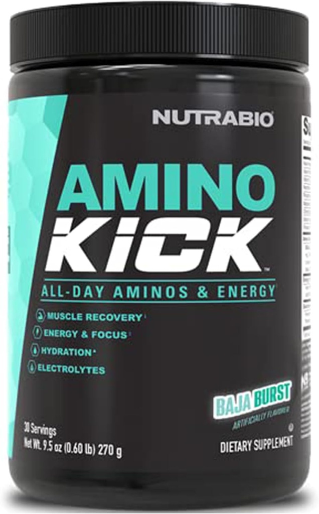 NutraBio Amino Kick - 자연 카페인 BCAA 분말 - 에너지, 하이드로 션 및 복구를위한 아미노산 보충 - BCAAs, 전해질 및 아미노산 - Baja Burst, 30 서빙