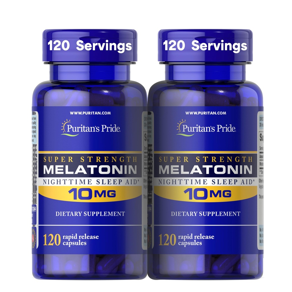 Puritan의 Pride Premium Super Strength Melatonin 10mg Sleep Aid, 사운드, 휴식 및 더 긴 수면 지원, 4 개월 공급, 120 Rapid Release Capsules, 2 Pack (패키지 May Vary)