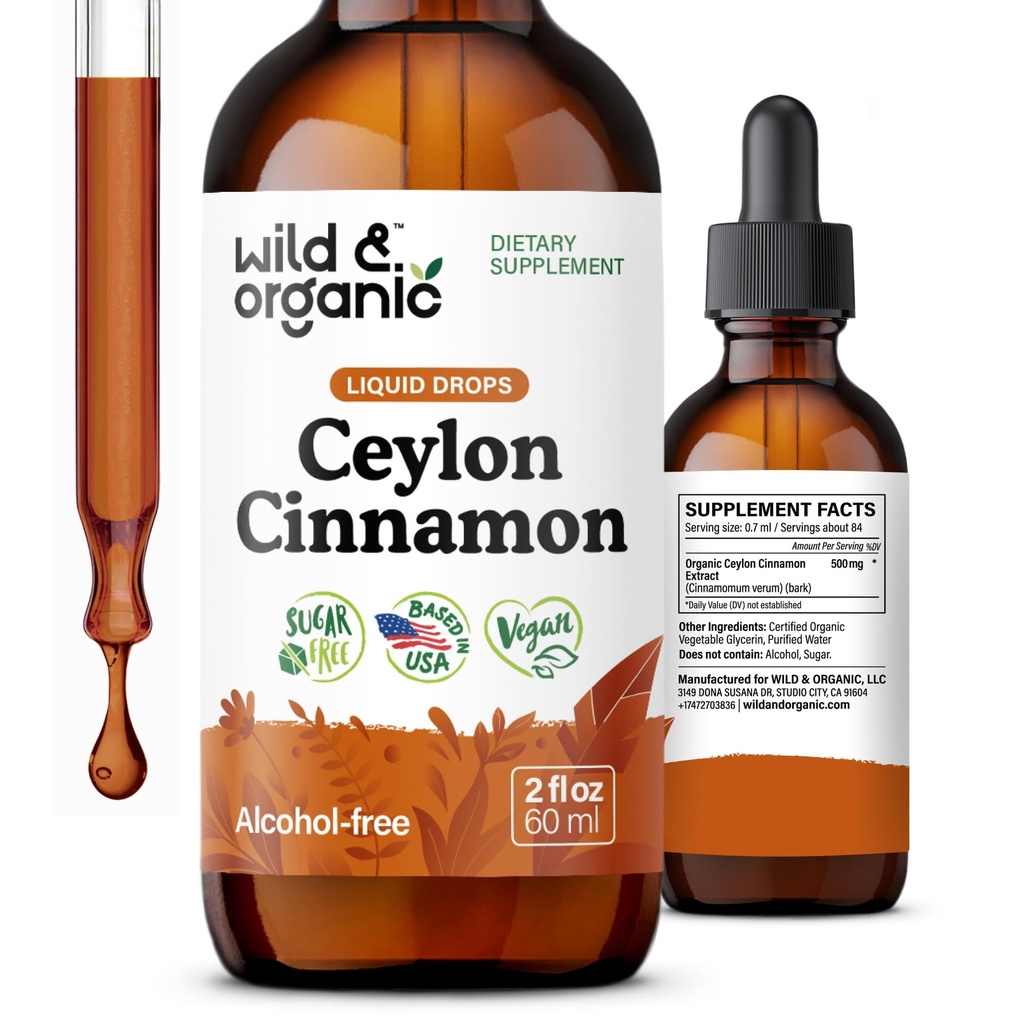 Wild & Organic Ceylon Cinnamon Extract Liquid Drops 500mg - 전체 지원을위한 액체 Cinnamon 보조제 - Cinnamomum Verum Bark Tincture - Vegan, Sugar & Alcohol-Free, Non-GMO - 2 fl oz